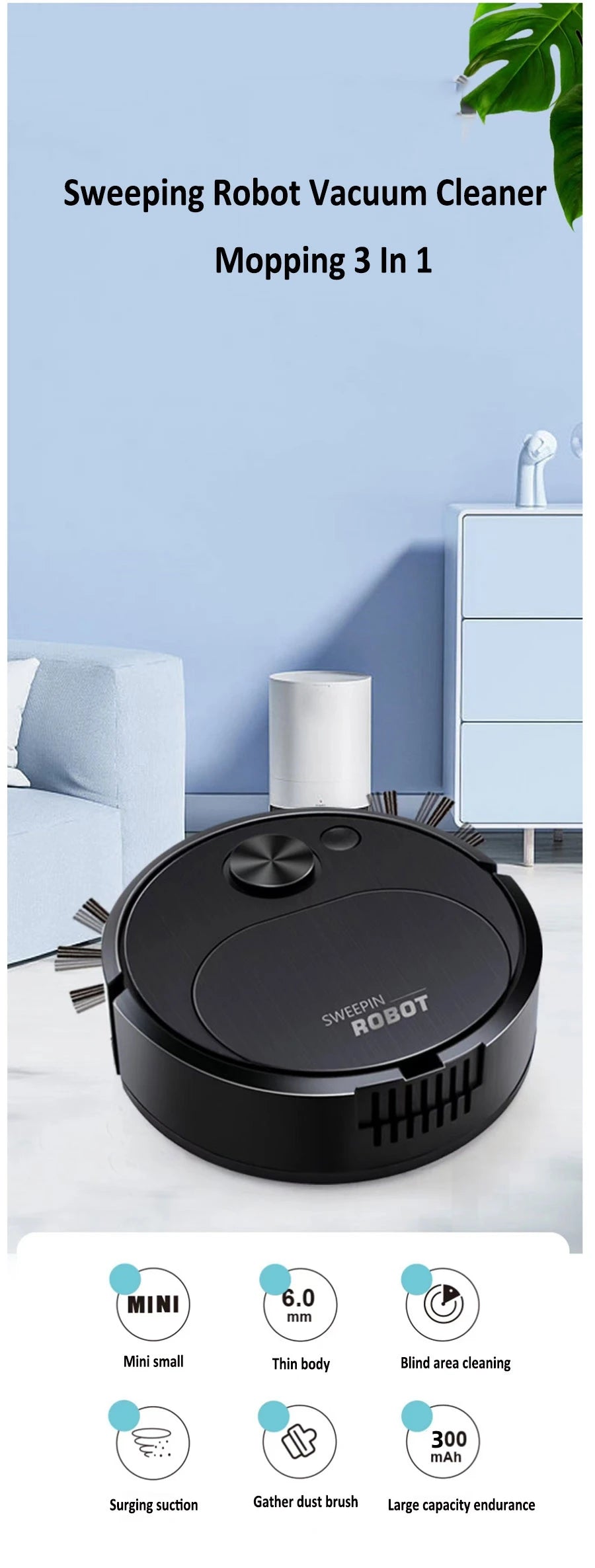 NEW USB Sweeping Robot Vacuum Cleaner Mopping 3 In 1 Smart Wireless 1500Pa Dragging Cleaning Sweep Floor for Home Office